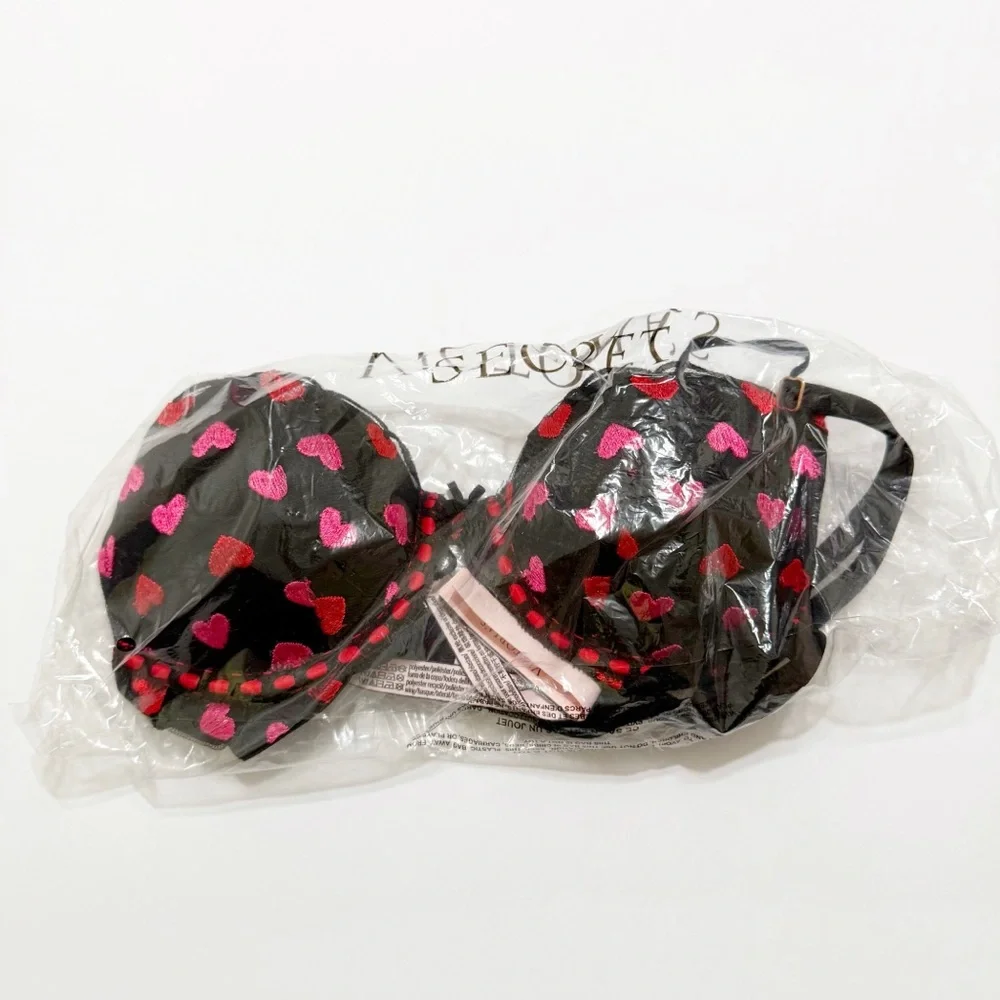 Victorias Secret black red pink embroidery heart print dream angels push-up bra - Picture 5 of 7